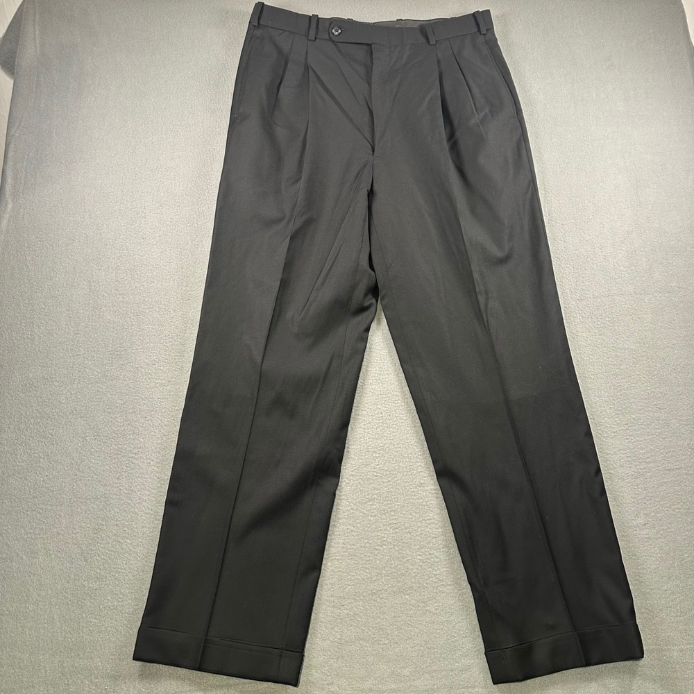 Tom James Royal Classic Mens Black Pleated Cuffed Dress Pants Trousers 34x31